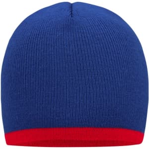 A beanie with a blue body and a red contrast edge, featuring a logo on the side.