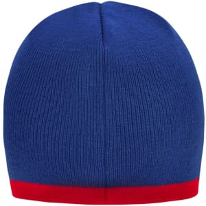A beanie with a blue body and a red contrast edge, featuring a logo on the side.