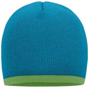 A beanie with a bright blue body and a contrasting green edge, featuring a logo on the side.