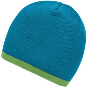 A blue beanie with a contrasting green edge and a seamless design. Features a logo on one side.