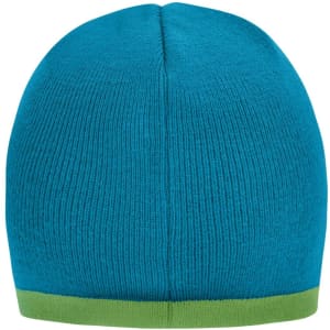 A beanie in bright blue with a contrasting green edge, featuring a logo on the side.