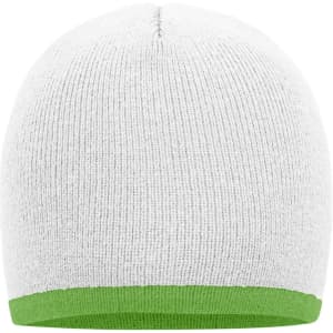 A knitted beanie in grey with a green contrast edge at the bottom, featuring a logo on the side.