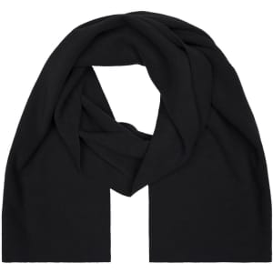 A black fleece scarf featuring a soft, textured fabric and a classic design. It includes a logo.