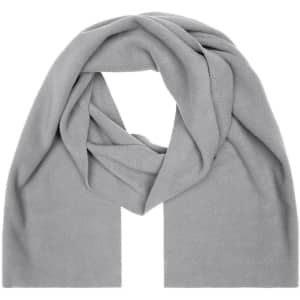 A grey fleece scarf with a soft, textured finish, featuring a simple design. It has a logo on one side.