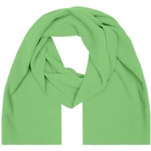 A green fleece scarf with a soft texture and a draped design, featuring a logo.