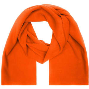 An orange fleece scarf with a soft texture, neatly folded and arranged. Features a logo on the fabric.