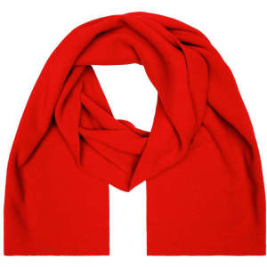 A red fleece scarf featuring a simple design, draped elegantly without any logos or branding visible.