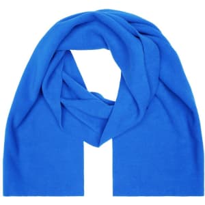 A blue fleece scarf with a soft, textured appearance, featuring a simple design and no visible logos.