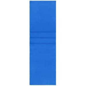 A blue fleece scarf with three folded sections, featuring a logo. Soft and warm accessory for cooler weather.