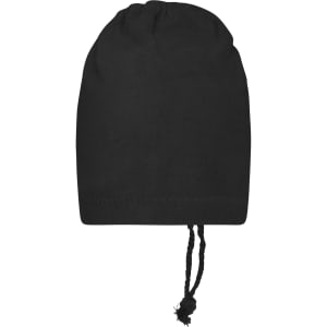 A black balaclava with a drawstring adjustment at the base. It has a smooth fabric texture and no visible branding.