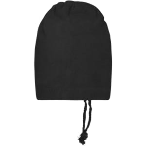 A black balaclava with a drawstring at the base, designed as a clothing accessory. It has a plain appearance.