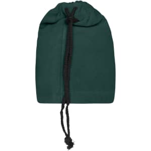A dark green balaclava with a drawstring at the top, featuring a simple design and no visible branding.