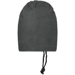 A dark grey balaclava with a drawstring at the base, designed for head and neck coverage.