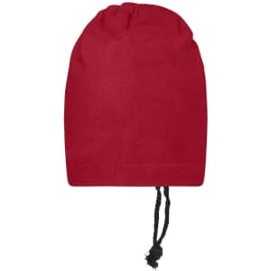 A red balaclava with a drawstring feature, presented as a clothing accessory.