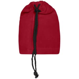 A red balaclava with a drawstring closure. The fabric appears soft and is suitable as a clothing accessory.