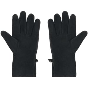 A pair of black microfleece gloves with a smooth texture, featuring adjustable wrist straps.