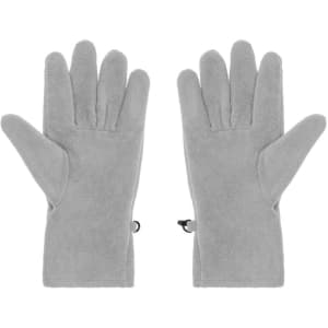 A pair of grey microfleece gloves with a smooth finish and elastic fasteners at the wrists.