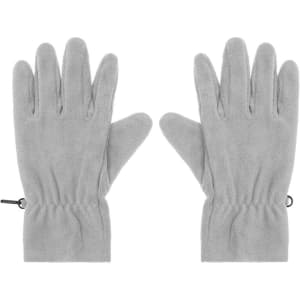 A pair of grey microfleece gloves with an elastic wrist for a snug fit. The gloves have a soft, textured surface.