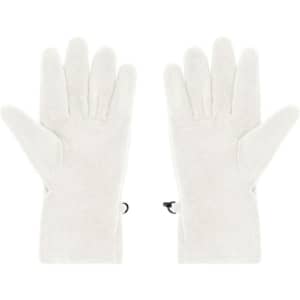 Microfleece gloves in white with a soft texture and adjustable cuff clips for a snug fit.