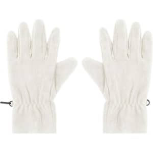 A pair of white microfleece gloves with elastic cuffs and a branding logo.