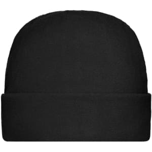 A black microfleece cap with a rolled brim and soft, textured material. It features a logo on the side.
