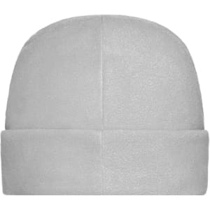A microfleece cap in light grey with a simple design and a folded cuff, featuring a logo.