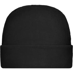 A black microfleece cap with a rolled cuff and a smooth texture. It features a logo on the fabric.