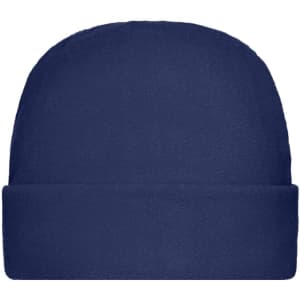 A navy blue microfleece cap featuring a folded brim and a smooth texture, with a logo on the side.