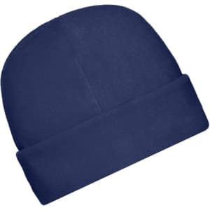 A navy blue microfleece cap with a cuffed design. Features a logo on the side.