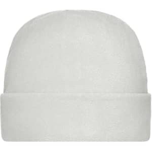 A soft white microfleece cap with a rounded top and a folded brim, featuring a logo.