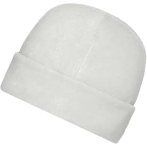 A microfleece cap in white, featuring a soft texture and a folded cuff. It has a branding logo.