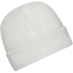 A white microfleece cap with a folded brim, featuring a logo on the side.