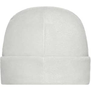 A white microfleece cap with a simple design and a small logo.