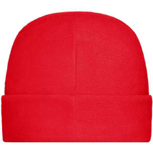 A red microfleece cap with a smooth texture and a folded cuff design. It features a logo on one side.