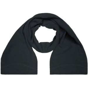 A dark grey microfleece scarf with a soft texture, folded neatly in a circular shape.