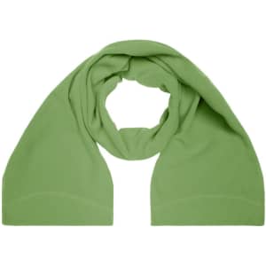 A green microfleece scarf, displayed flat with a soft texture, ideal for chilly weather. It features a logo.