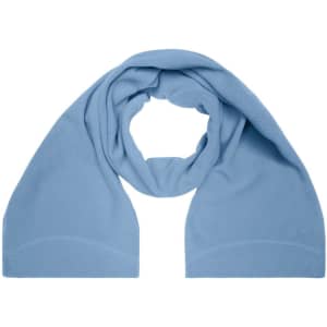 A light blue microfleece scarf displayed in a looped arrangement, featuring a simple design and a logo.