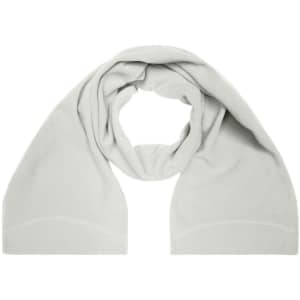 A light grey microfleece scarf displayed in a looped arrangement, featuring a subtle branding logo.