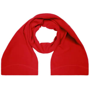 A red microfleece scarf with a soft texture, featuring a subtle logo. Ideal for adding warmth and style.