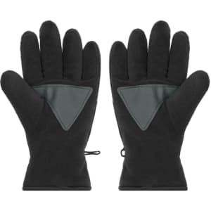 A pair of black Thinsulate™ fleece gloves with a textured grey palm patch and cinch straps at the wrists.