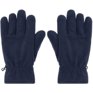 Navy Thinsulate™ fleece gloves with a snug fit and adjustable wrists. Features branding on the palm.