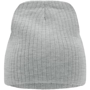 A grey ribbed beanie featuring a knitted texture and a rounded top, displaying a simple style.