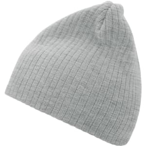 A grey ribbed beanie with a soft texture and a simple design, featuring a logo.
