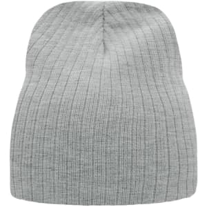 A ribbed beanie in grey with a subtle texture, featuring a logo on the side.
