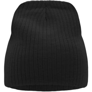 A black ribbed beanie with a smooth, rounded top and a fitted design.