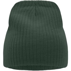 A ribbed beanie in dark green, featuring a soft texture and a snug fit. It has a simple design with no logos visible.