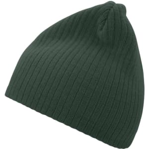 A ribbed beanie in dark green, featuring a fitted design and a soft texture.