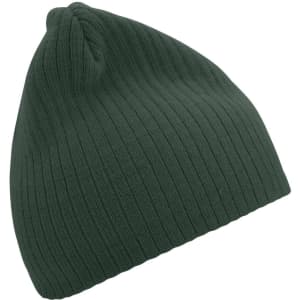 A ribbed beanie in a dark green colour, featuring a textured knit pattern. It has a simple design and no visible logos.