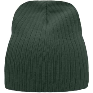 A ribbed beanie in a dark green colour, featuring a seamless design and a branded logo.