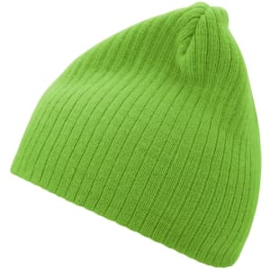 A rib beanie in vibrant green colour, featuring a textured ribbed design and a rounded top.